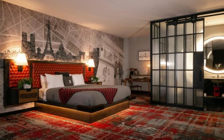 Rooftop pool and iconic 1956 Greyhound Scenicruiser bus at Bobby Hotel Nashville