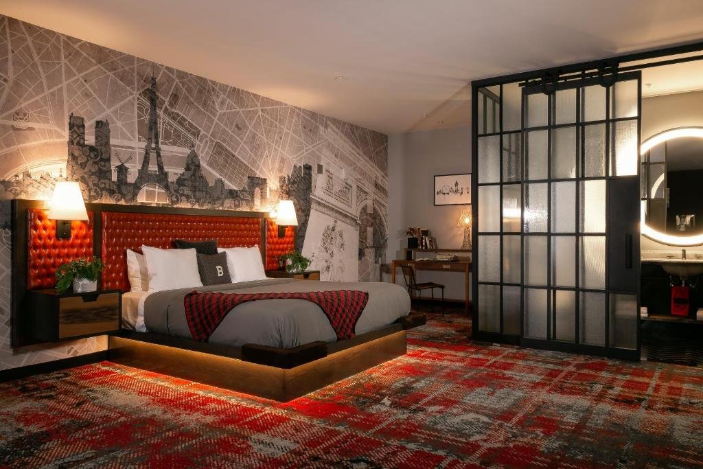 Rooftop pool and iconic 1956 Greyhound Scenicruiser bus at Bobby Hotel Nashville