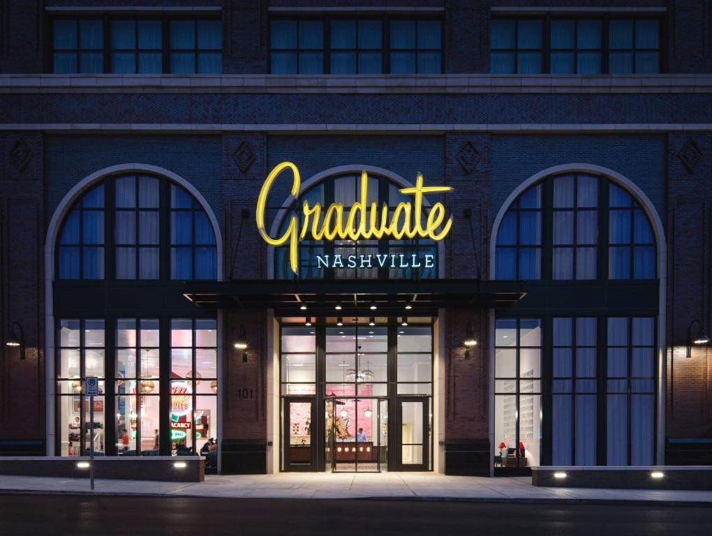 Poindexter coffee shop and colorful lobby at Graduate by Hilton Nashville