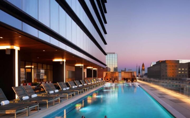 Fifth-floor heated rooftop pool deck and skyline views at Grand Hyatt Nashville