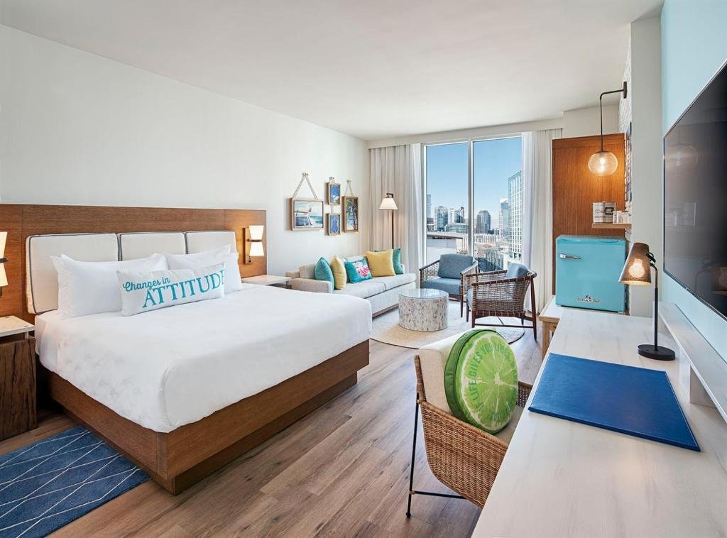 Bright coastal-inspired guest room at Margaritaville Hotel Nashville