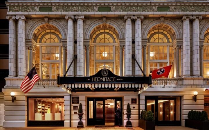 Ornate 1910 Beaux-Arts stained-glass lobby of The Hermitage Hotel Nashville